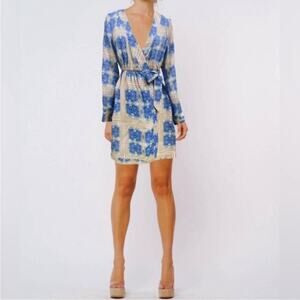 Chic Blue and Cream Wrap Mini Dress